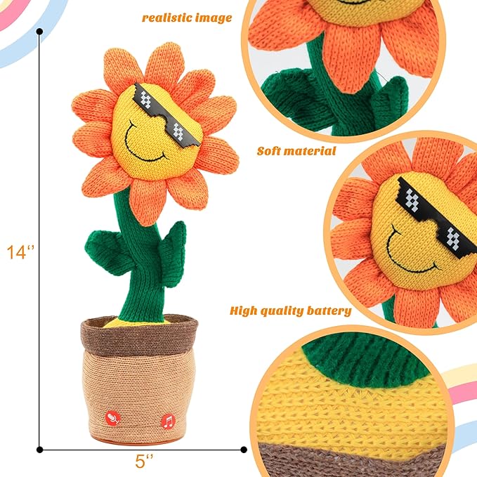 Easfan Dancing Sunflower Singing Talking Shaking Glowing Interactive Toy Repeats What You Say Electric Cute Sunflower Plush Toy Birthday Christmas Festival Gifts for Toddlers Kids,13.5’’