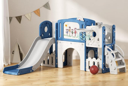 Glaf 9 in 1 Toddler Slide Outdoor Playset Playground Baby Kids Indoor Slides for Toddlers 1-3 with Climber Basketball Hoop Drawing Board and Storage Space (Blue)