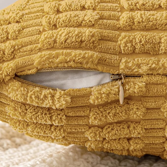 MIULEE Corduroy Decorative Throw Pillow Covers 18x18 Yellow Pack of 2 | Soft Boho Striped Pillow Covers Modern Farmhouse Home Decor For Sofa Living Room Couch Bed