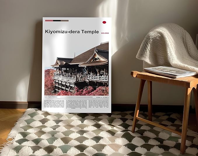 Poster Kiyomizu-dera Temple Wall Art Original Design(17"x11" Wrapped Canvas)Kyoto Japan Pagoda Print Autumn Red Maple Leaf Landscape Scenery Buddhist Shrine Zen Culture Travel Landmark Series Picture