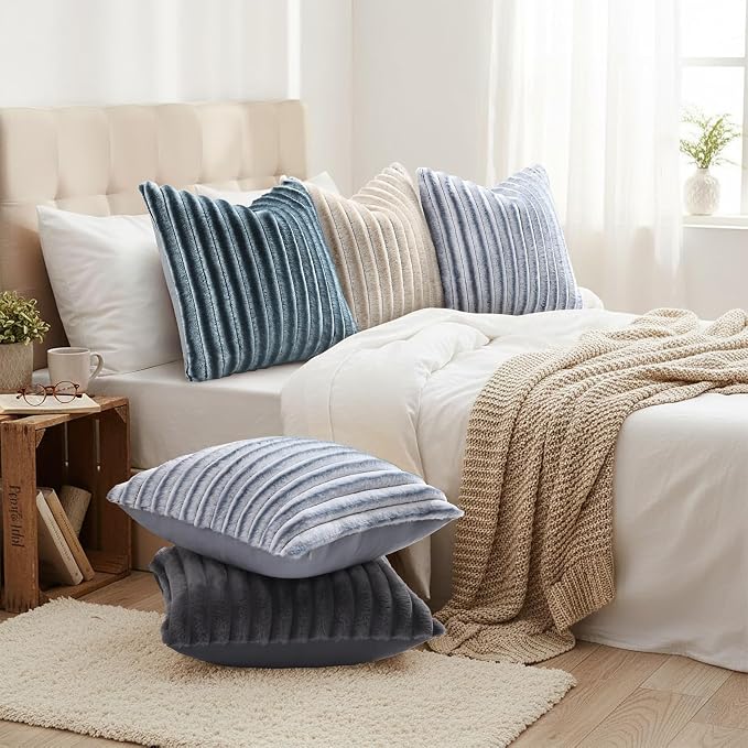 decorUhome Fall Faux Fur Throw Pillow Covers 18x18 Set of 2 Dark Grey | Decorative Soft Cozy Striped Plush Modern Farmhouse Boho Couch Pillow Cases Velvet Back for Sofa Bed Living Room Home Decor