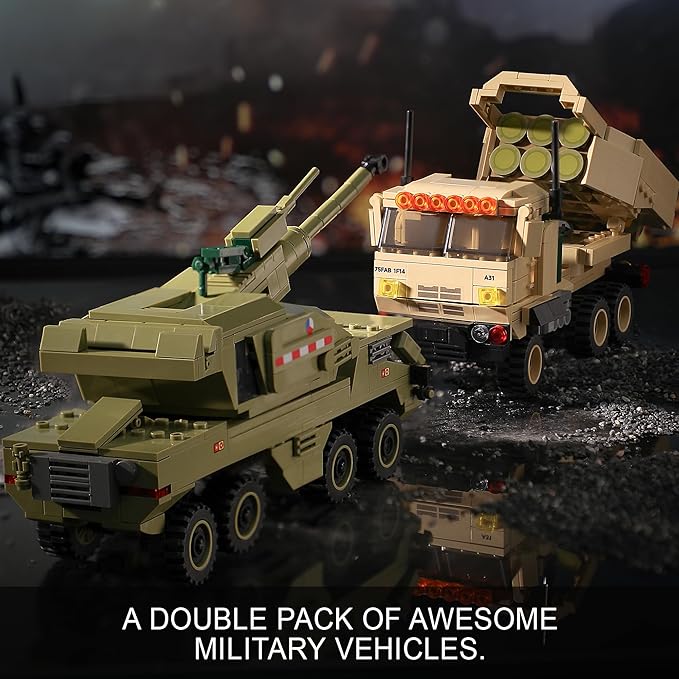 Military Vehicles Building Sets Compatible with Lego, Includes 2 Army Armored Trucks Toy Models - HIMARS Rocket Launcher & Dana M2 Howitzer, STEM Army Toys for Boys, Kids, and Teens Ages 8-14