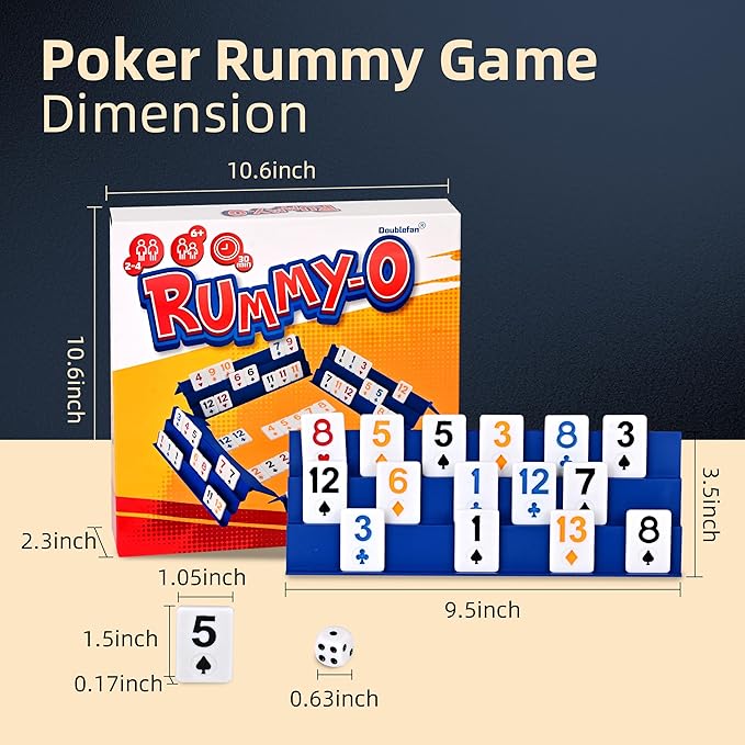 Doublefan Upgraded Rummy Game,Rummy-O with Color Unique Poker Playing Way,Rummy Cube Orginal Classic Board Game for Adult and Kids,106 Tiles, 4 Playing Rack, 1 Timing, 1 Dice (2-4 Players)