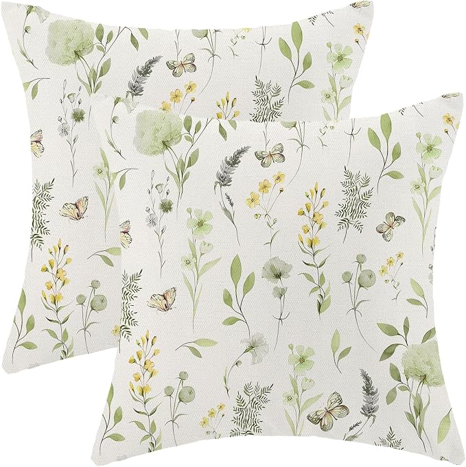 AEIOAE Spring Pillow Covers 22x22 Inch Set of 2, Sage Green Yellow Wild Flower Throw Pillows Case,Colorful Seasonal Floral Plant Outdoor Decorative Farmhouse Decor Cushion Covers for Sofa Bed Couch