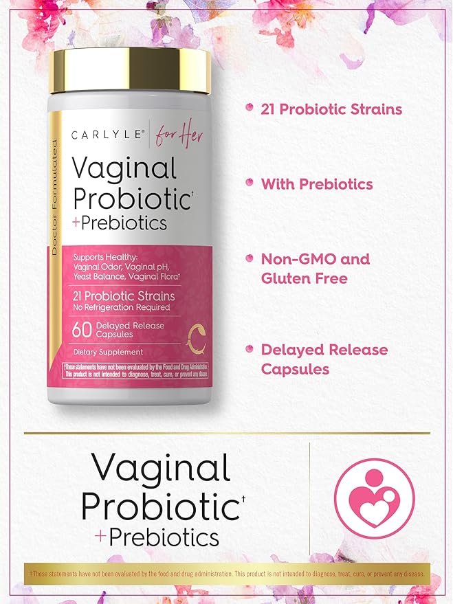 Carlyle Vaginal Probiotics for Women | 60 Capsules | with Prebiotics | Supports Healthy Odor, pH, Yeast Balance, and Flora | Vegan, Non-GMO, Gluten Free | For Her