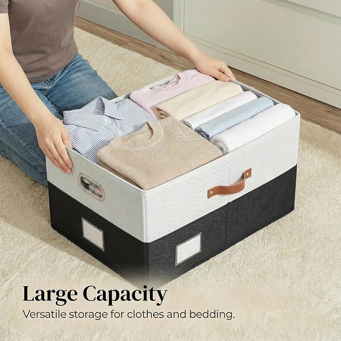 Storage Bins with Lids [3-Pack] Linen Fabric Foldable Storage Boxes Organizer Containers Baskets Cube with Cover for Bedroom Closet Office Grey&Black (23.4X15.9X11.4)