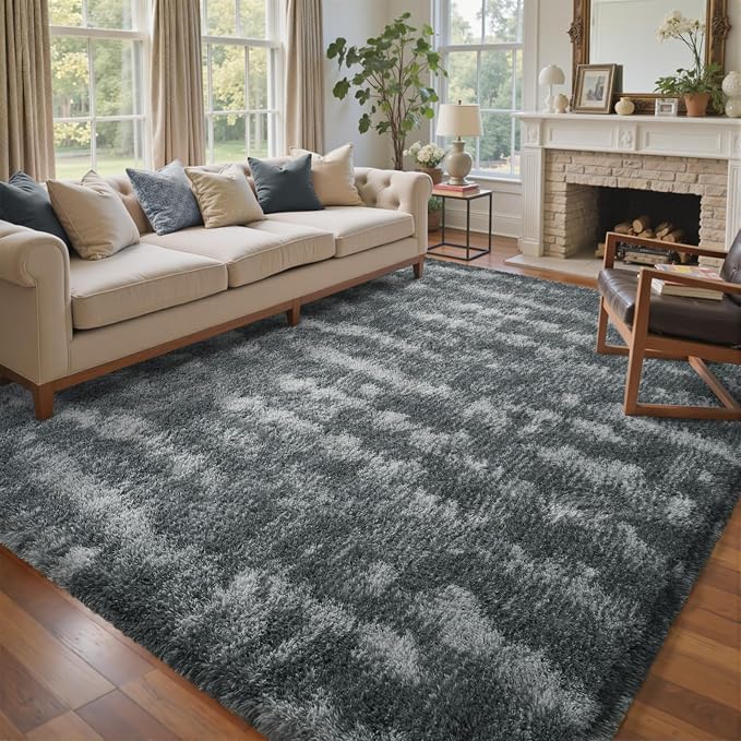 8x10 Ft Extra Large Shag Rugs for Living Room, Tie Dyed Ultra Soft Fluffy Furry Area Rugs for Bedroom Indoor Floor, Aesthetic Carpet for Kids Home Decor (Grey)