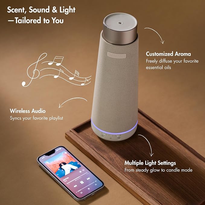 ZMARKRAFT® Waterless Essential Oil Diffuser with Intergrated Speaker | 3 Mist Levels, Wireless Audio, Ambient LED Lights, Aesthetic Exterior, For All Room Sizes
