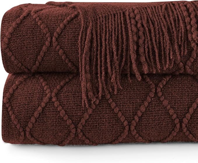 inhand Diamond Brown Knitted Throw Blanket for Couch and Bed, 60"x80" | Soft Cozy Knit Blanket with Tassel, Lightweight Decorative Blankets and Throws, Farmhouse Warm Woven for Men and Women