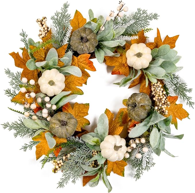 20" Fall Wreath Front Door Pumpkin Lambs Ear Maple Leaf Artificial Wall Decor Farmhouse Autumn Wreath Thanksgiving Home Porch Outdoor Indoor Holiday Harvest Decor