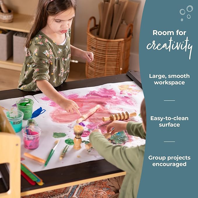 Guidecraft Deluxe Art Center: Kids Arts and Crafts Table and Chairs Set with Storage Shelves, Bins, Paper Roll for Drawing and Painting | Wooden Art Desk for Kids Playroom | Toddler Activity Table