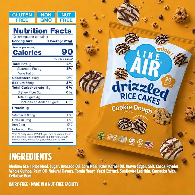 Like Air Drizzled Rice Cakes - Cookie Dough Snack Box (10ct) Vegan/Nut-Free | Cookie Dough Snack Pack (Pack of 10) - 90 Calories Per Bag, Gluten Free Snacks For Kids, Kosher