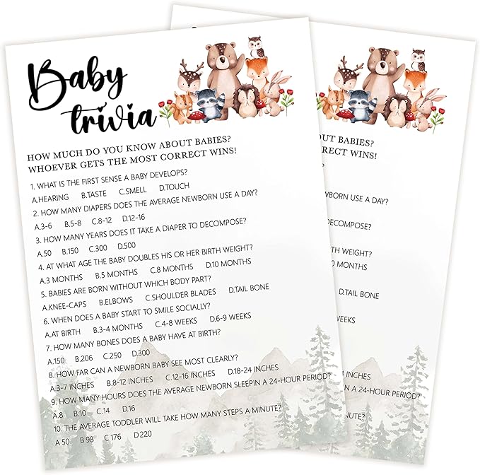 Baby Shower Games for Boy, 30 Woodland Baby Trivia Game Cards + 1 Answer Card, Safari Animals Gender Reveal Party Decorations Supplies Favors - C05