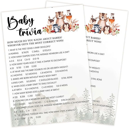 Baby Shower Games for Boy, 30 Woodland Baby Trivia Game Cards + 1 Answer Card, Safari Animals Gender Reveal Party Decorations Supplies Favors - C05
