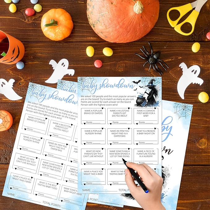 Hilarious Baby Shower Games, 25 Sets Halloween Baby Showdown + Answer Card, Blue Witch Gender Reveal Game Cards for Party Announcement Supplies - B10