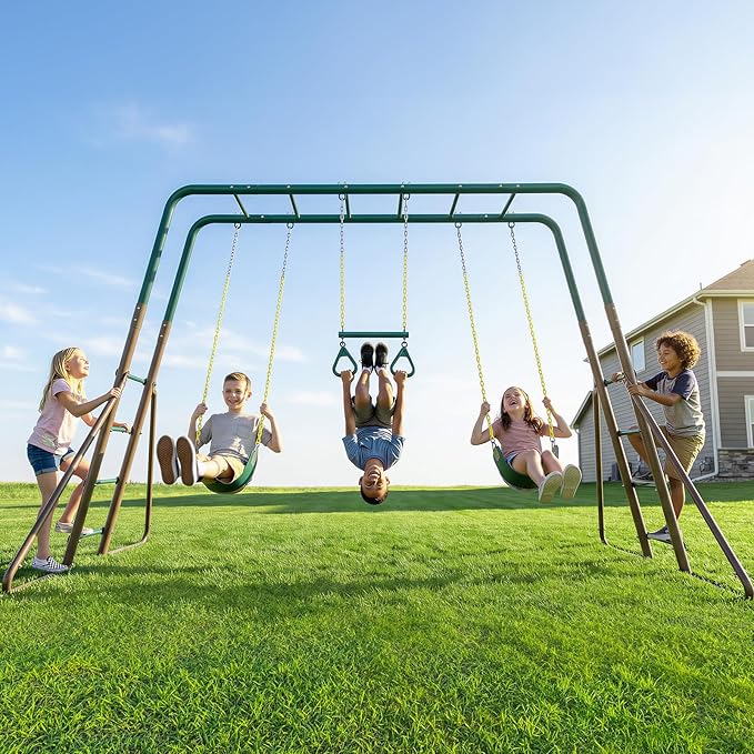 Hapfan Swing Sets for Backyard with Monkey Bars, Trapeze Bar & 2 Belt Swings, Heavy Duty Metal Playground Sets for Kids, Outdoor Jungle Gym Playset (Green & Brown)