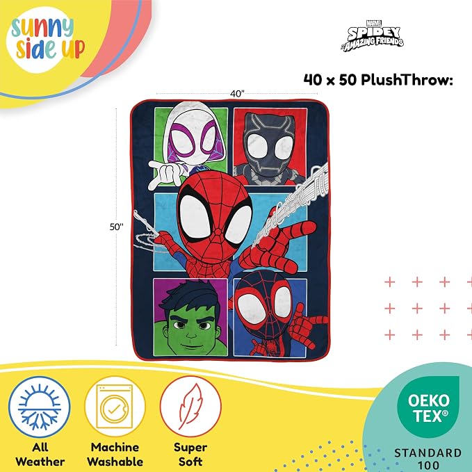 Sunny Side Up Marvel Spidey & His Amazing Friends Plush Travel Throw Blanket - Measures 40 x 50 Inches - Super Soft & Cozy Travel Accessories Features Miles Morales & Ghost Spider Gwen