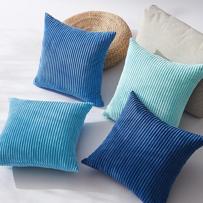 Topfinel Euro Shams Decorative Throw Pillow Covers 26x26 Inch Set of 4,Soft Accent Corduroy Striped Blue Gradient Color Large Cushion Cover for Beach,Patio,Balcony,Living Room,Summer Home Decor