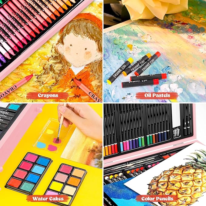 Caliart Art Supplies, 153-Pack Deluxe Wooden Art Set Crafts Drawing Painting Coloring Supplies Kit with 2 A4 Sketch Pads, Halloween Creative Gift Box for Adults Artist Beginners