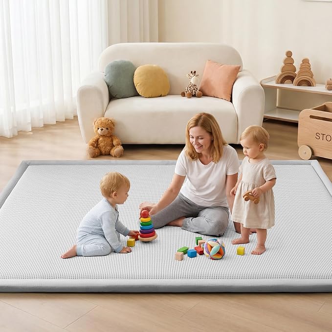 Baby Play Mat for Floor Nursery Rug Muscle Area Rug Playroom Rug 50x50" Elastic Foam 1.3" Thick Crawling Mat for Babies,Toddlers, Infants,Kids(Plaid Light Grey)