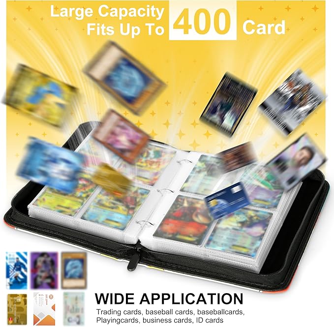 Portable 4-Pocket Trading Card Binder, 400 Pockets with 50 Removable Sleeves, Portable Collector Album with Zipper for TCG, Sport & Game Cards Prime