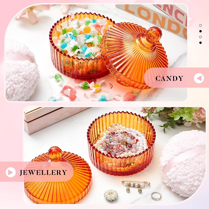 Tioncy 2 Pcs Extra Large Dusting Powder Puff and Container for Women-6'' Glass Crystal Dusting Powder Container with Body Soft Washable Reusable Velour Face(Orange,Classic)