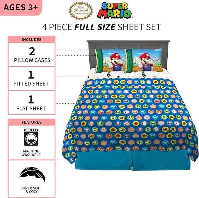 Super Mario Kids Bedding Soft Cozy Microfiber 4 Piece Full Size Sheet Set, (Officially Licensed Product) By Franco