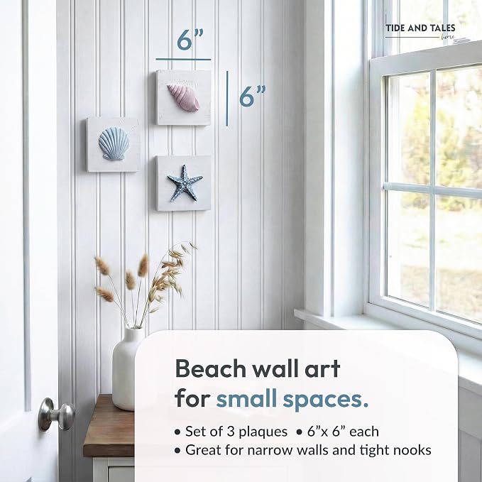 Tide and Tales 3D Beach Wall Art, Coastal Bathroom Wall Decor, Set of 3 | 6" x 6", Textured 3D Seashells Room Decor, Lightweight, Hand Painted, Beach Decorations for Home, Hanging Ready, Gift Boxed