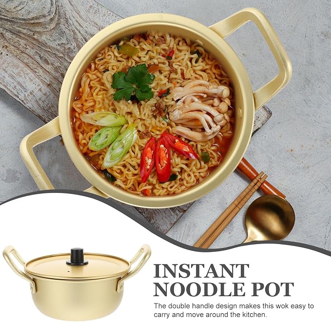 Korean Ramen Pot with Lid 16cm Yellow Aluminum Small Soup Pot Double Handle for Instant Noodles and Kitchen Use