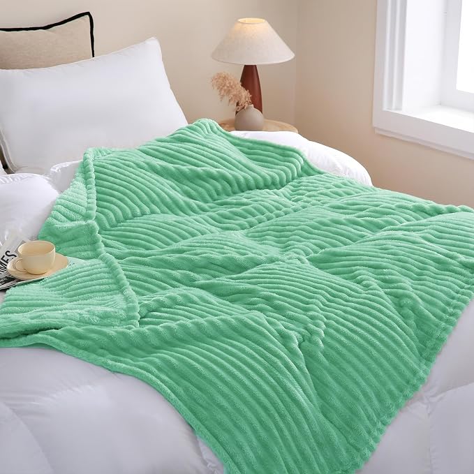 Mint Green Fleece Throw Blanket 60”×80” for Couch Sofa Livingroom | Super Soft Cozy Plush Microfiber Flannel Bed Blanket Striped Design Lightweight Home Decor Gifts for Adults Mom Women