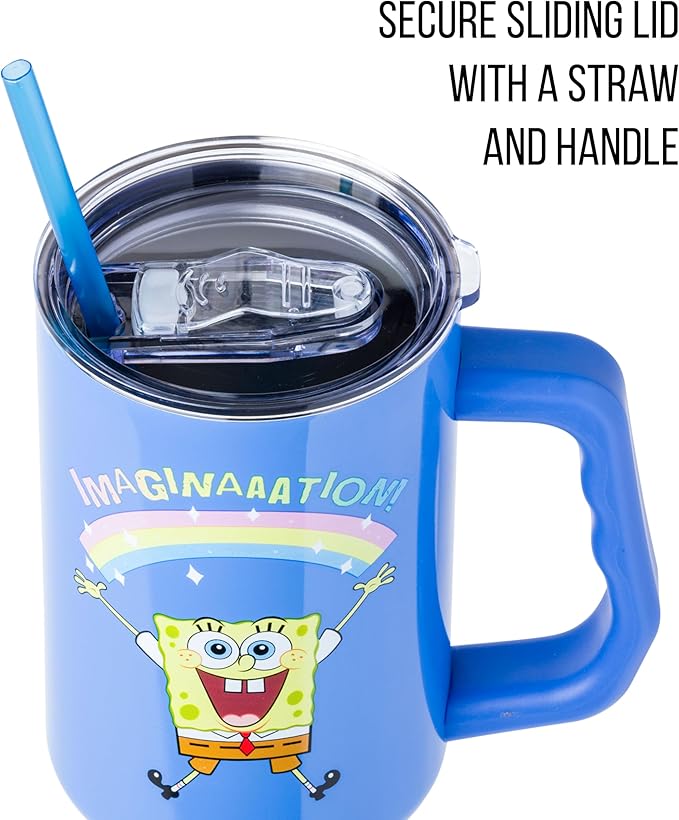 Silver Buffalo SpongeBob SquarePants “Imaginaaation!” Double Walled Stainless Steel Tumbler with Handle, Fits in Standard Cup Holder, 40 Ounces