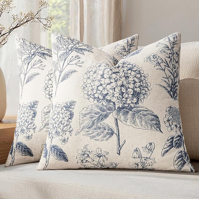 Set of 2 Decorative Floral Pillow Covers 18x18 Inch Light Blue | Neutral Hydrangea Print, Boho Vintage Throw Cushion Covers, Cottagecore Home Decor, for Sofa Couch Porch Bedroom Living Room