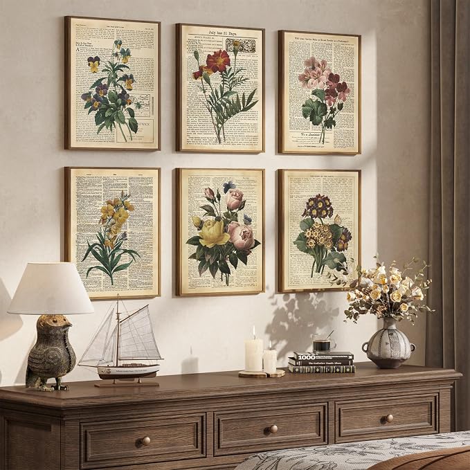 Framed Vintage Floral Wall Art, Set of 6 Colorful Flower Canvas Prints, Rustic Farmhouse Botanical Artwork for Bedroom Living Room Kitchen Dining Room Hallway Office Apartment Home Decor, 11x14 Inch