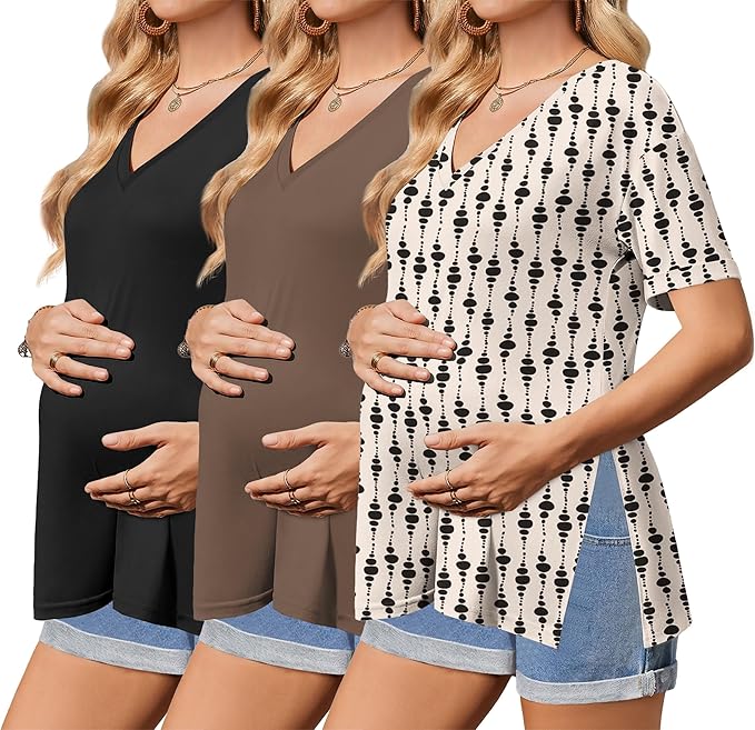 Ekouaer 3 Packs Women's Maternity Shirts V Neck Pregnancy Tops Short Sleeve Casual Workout Tees Side Split Mama Clothes