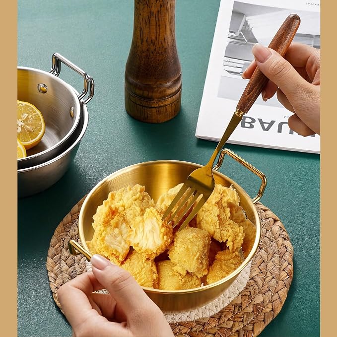3Pcs Stainless Steel Sauce Dishes with Handles, Korean Golden Dipping Bowls | Small Metal Dipping Bowl, Korean Ramen Bowl, Mini Soup Bowl Stackable Appetizer Plates for Sushi BBQ Appetizer Seasoning