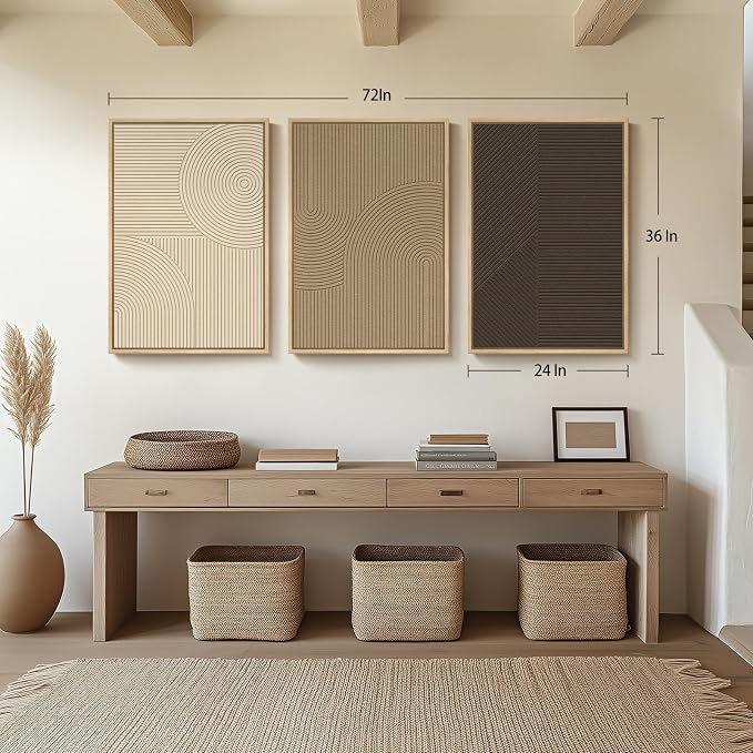 Large 3D Textured Framed Neutral Abstract Wall Art Set, 3 Piece 24x36 In | Solid wood frames, sculptural line texture, beige brown tan tones, ready to hang, wall decor for living room bedroom office
