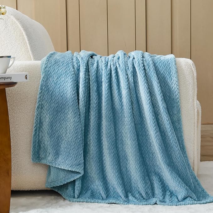 NEWCOSPLAY Fleece Leaves Pattern Throw Blanket, Light Blue, 50"x60" | Super Soft Throw Blanket, Lightweight Cozy Bed Sofa Blanket, Premium Silky Flannel Fleece, Travel Blanket for All Season Use