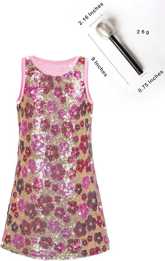 Girls Sequin Dress Sparkly Sleeveless Costume Prom Concert Party Outfit with Glitter Microphone Prop