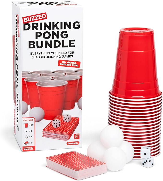 Buzzed Drinking Pong Bundle Kit – Bachelor Party Essentials for Drinking Games, Summer Party Activity for Adults, Outdoor & Poolside Fun, Includes Dice, Pong Balls, Cups & Cards for 10+ Ways to Play