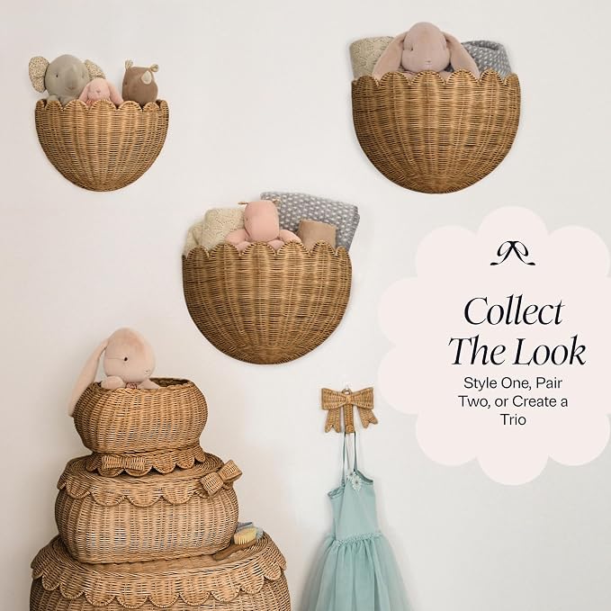 BEBE BASK The Original Scalloped Wicker Wall Basket – Set of 2 (16x10x7 In) | Handwoven Scalloped Wall Baskets, Rattan Wall Hanging Baskets, Wall Storage Basket for Nursery, Living Room, Mocca