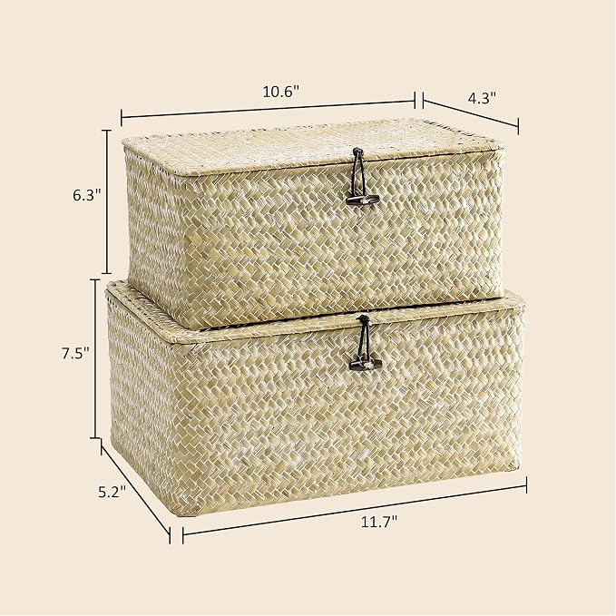 Nonam Storage Basket with Lid, Natural Seagrass Bin with Lid Set of 2, Shelf Baskets Multipurpose Container for Boho Decoration, Rectangular Household Storage Boxes for Home Organization-White