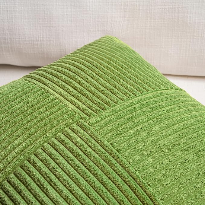 Fancy Homi Set of 2 Lime Green Long Lumbar Decorative Throw Pillow Covers 16x24 Inch for Couch Bed Sofa, Modern Farmhouse Boho Home Decor, Soft Striped Corduroy Rectangle Accent Cushion Case 40x60 cm