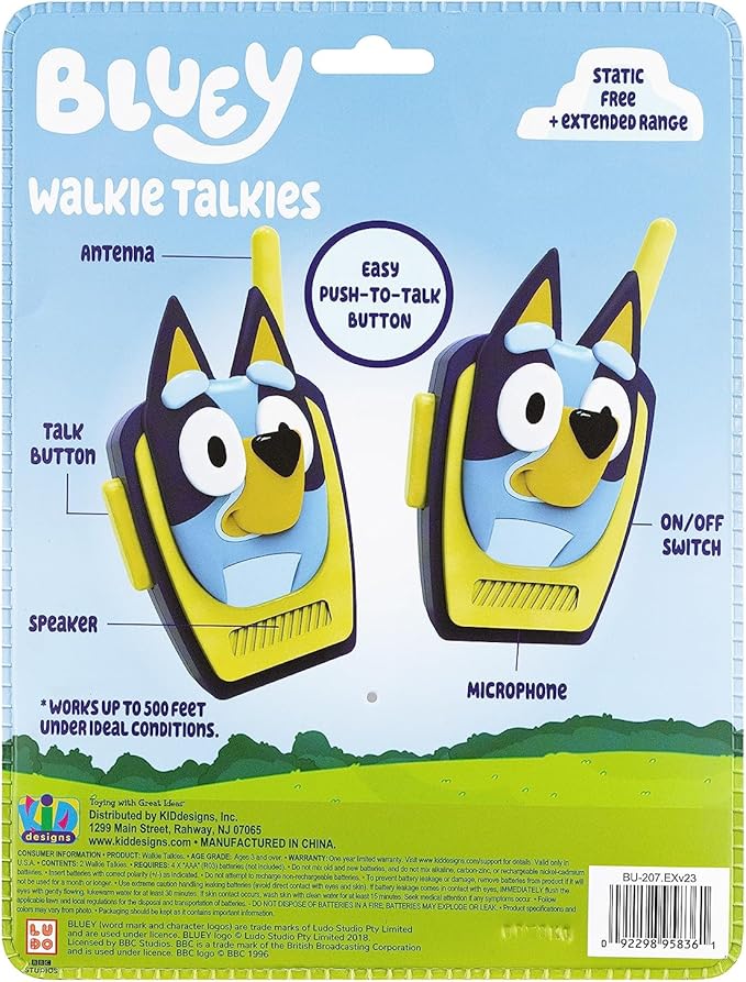 ekids Bluey Toy Walkie Talkies for Kids, Static Free Extended Range Indoor and Outdoor Toys, Bluey Toys for Toddlers