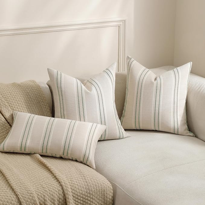 Hckot Sage Green Throw Pillow Covers 22x22 Set of 2 Striped Pillow Covers Spring Decorative Pillows Square Cushion Covers for Sofa Couch Bed Living Room Farmhouse Decor,Green