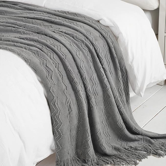 BOURINA Dark Grey Throw Blanket 50x60 Inch Knitted Soft Throw Sofa Blanket | Knitted Throw Blanket 50x60 Inches, Soft Lightweight Boho Weave Throw Decorative Couch Blanket for Living Room Bedroom Chair