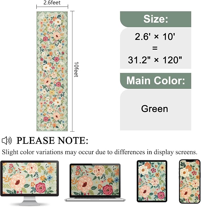 DUKINO 2.6x10 Runner Rug for Hallway, Washable Kitchen Rugs Non Slip, Green | Soft, Low Pile, Floral Indoor Floor Rug Runner for Entryway, Bedroom, Bathroom, Laundry, Pet Friendly, Home Decor, Ultra-Thin