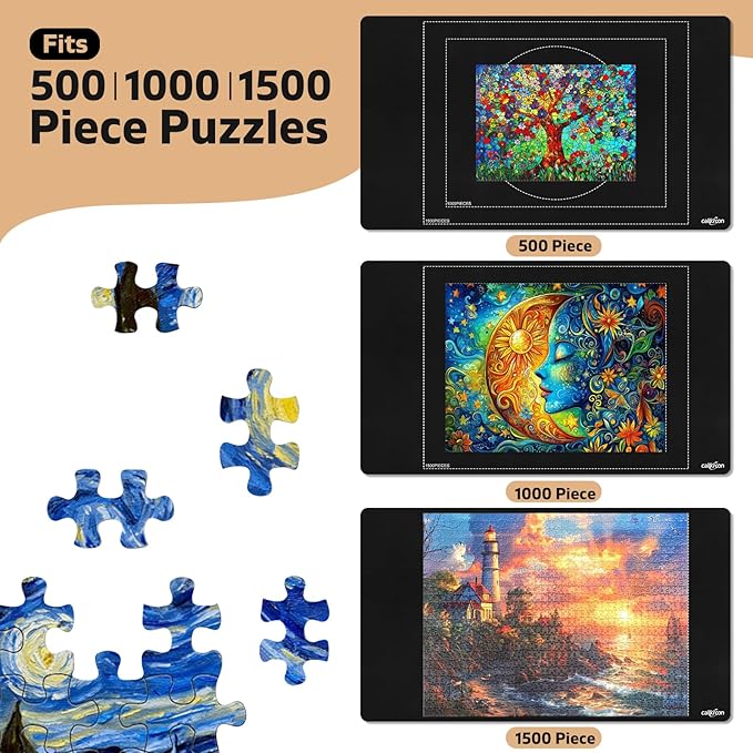 1500-piece Rubber Puzzles Mat – 1 Non-Slip Puzzle roll up, 1 roll of Jigsaw Saver (78 inches x 11.8 inches), 4 Sorting Trays – is The for Adults and Puzzle Enthusiasts.