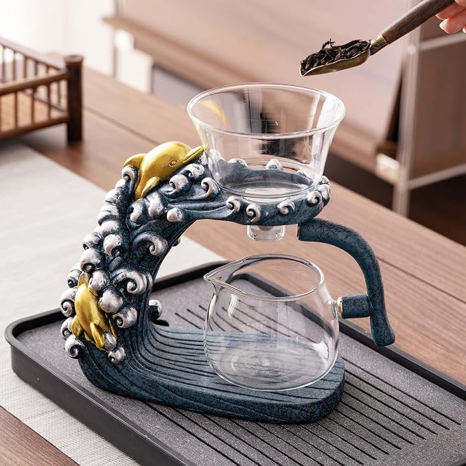 Zurucily Glass Teapot Set with Infuser Semi Automatic Tea Set Magic Teapot (Dolphins)