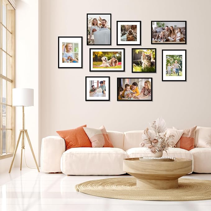FIXSMITH 12x12 Picture Frame Set of 4, Photo Frame with HD Plexiglass, Display Pictures 8x8 with Mat or 12x12 Without Mat, Black Picture Frames Collage Wall Decor, Gallary Wall Frame