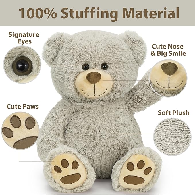 LotFancy Teddy Bear Stuffed Animal, 20 inch Gray Stuffed Bear Plush Toy, with Cute Footprints, Gift for Kids Baby Toddlers on Baby Shower, Birthday, Christmas, Easter Decoration